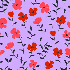 Simple seamless pattern with red flowers on a light purple background. Vector graphics.