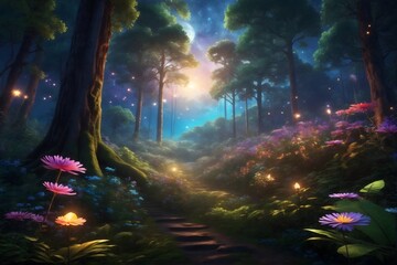 Obraz na płótnie Canvas Mysterious Forest Landscape Background, Whimsical Forest Scene Wallpaper, Magic Forest, Forest wilderness at night, Enchanted Forest Wallpaper, Fantasy fairy tale Forest, AI Generative