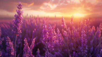 Schilderijen op glas Breathtaking lavender field at sunset panorama © Super Shanoom