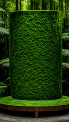 Podium with textured moss. tropical forest, subtle sunlight filtering through a canopy of lush green foliage. empty nature stage for eco products mockup platforms. Green moss covered top table