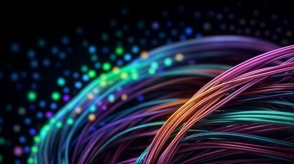 Fiber Optic cables with colorful bokeh lights on black background