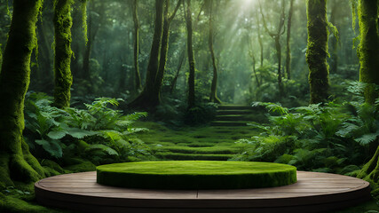 Podium with textured moss. tropical forest, subtle sunlight filtering through a canopy of lush green foliage. empty nature stage for eco products mockup platforms. Green moss covered top table - obrazy, fototapety, plakaty