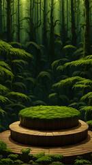 Podium with textured moss. tropical forest, subtle sunlight filtering through a canopy of lush green foliage. empty nature stage for eco products mockup platforms. Green moss covered top table