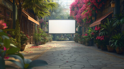 A blank advertisement poster set in a alleyway among lush plants.
