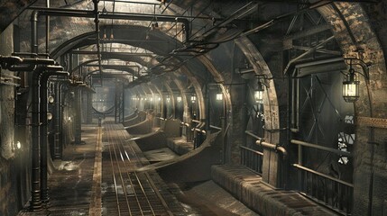 Rustic charm meets industrial grandeur within a sprawling tunnel, where metal beams soar overhead...
