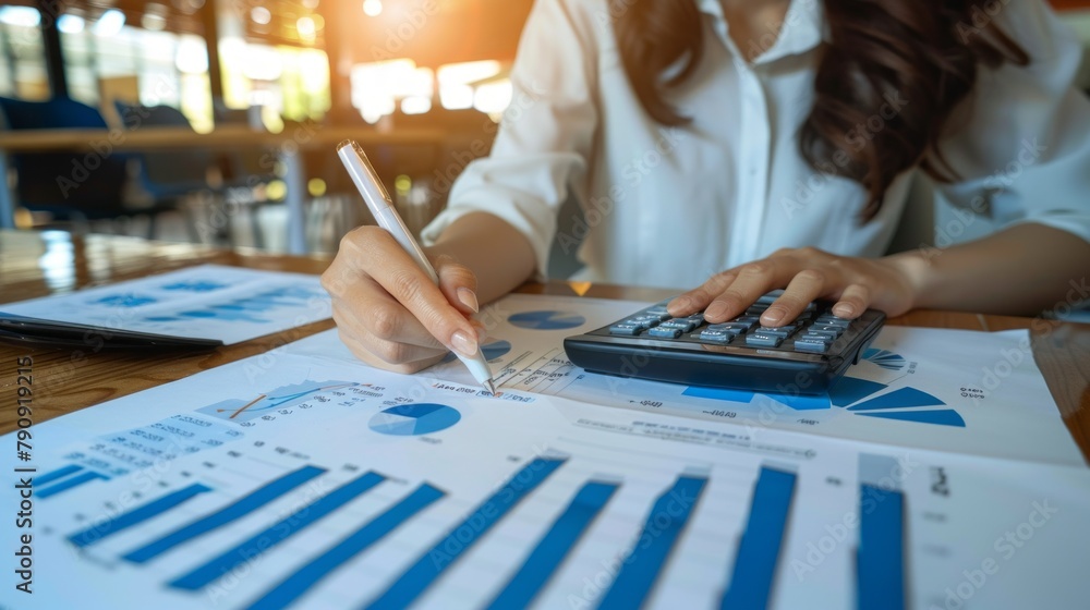 Aufkleber close-up a woman uses a calculator to calculate the numbers in the company's financial documents and