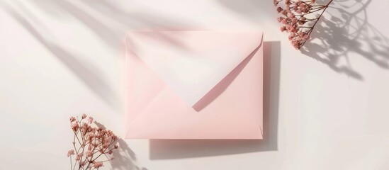 Minimal pink envelope, white card, and wax flower on a white surface. Mockup featuring envelope and card, arranged flatly with a top-down perspective.