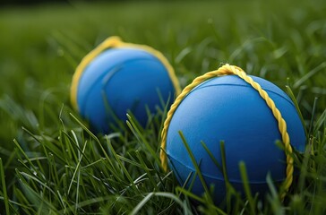 Playful Duo: Blue Rubber Balls on Grass