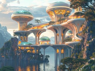 Craft a digital masterpiece of a utopian paradise seen from below--enchanting viewers with a vision of modernity and tranquility Envision light-filled domes hovering over crystal-clear lakes, a fusion - obrazy, fototapety, plakaty