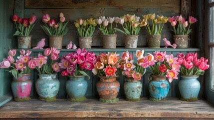   A shelf holds several vases filled with flowers, situated in front of a window The window features a sill in its background - obrazy, fototapety, plakaty