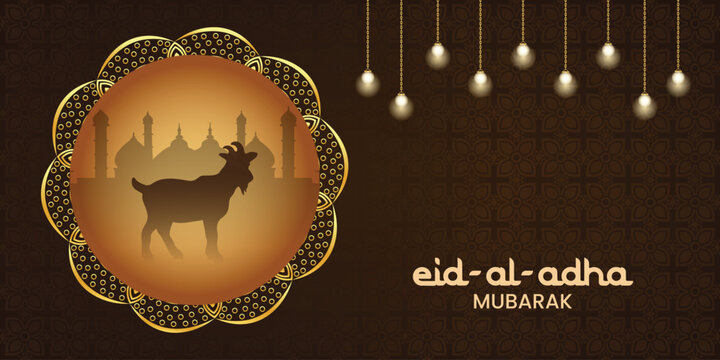 Eid al adha wishing post design  with moon and stars, mosque banner vector file