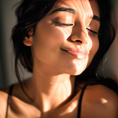 close up of beautiful woman face with sunlight