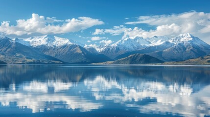 Fototapeta premium Reflection of snow capped mountains on a calm lake