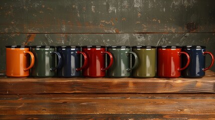   A wooden shelf holds a row of diverse coffee mugs, each with unique colors, in front of a wooden wall