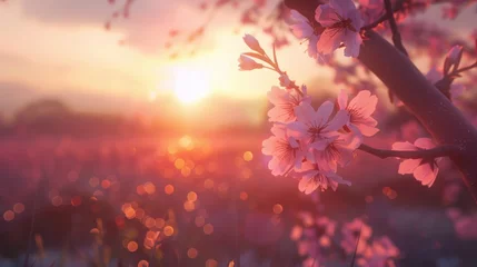 Wandaufkleber Blossoming pink flowers at golden hour © Super Shanoom