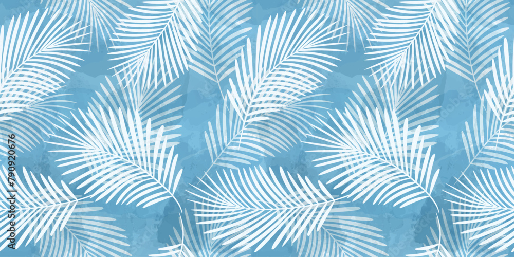 Wall mural Palm Leaves Pattern. Watercolor tropic leaves seamless vector background, jungle print light blue texture - Wall murals