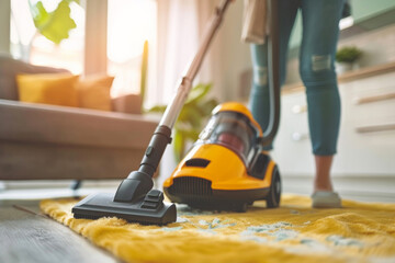 Vacuum Cleaning Cozy Living Room, Sunlit Home in Tidy Up Process