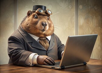 Business Concept. Hyperrealistic animal character Badger, adult, in business suit, working at laptop. Characters of businessmen. Allegorical concept in business
