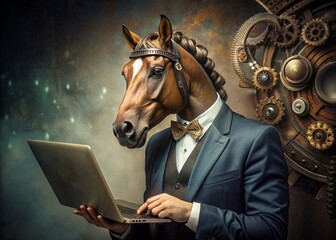 Business Concept. Hyperrealistic animal character Horse, adult, in business suit, working at laptop. Characters of businessmen. Allegorical concept in business