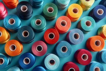 Colorful spools of thread on azure textile surface