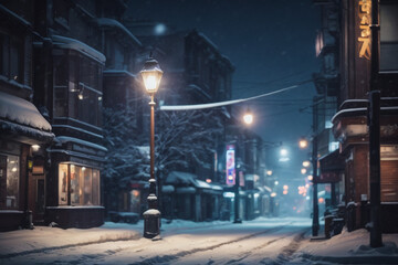 Japanese snow street at night
