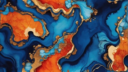 Luxurious motif, Sapphire blue and fiery orange alcohol ink with golden highlights, evoking the fiery surface of molten lava against marbled background.