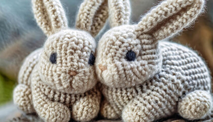 Two knitted toy bunnies cuddling made of soft beige yarn with detailed stitching and black bead eyes. sitting together on a soft, cozy surface, against a soft focus background.