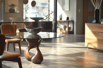 The glass table reflects the modern aesthetic of its surroundings.