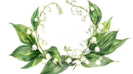Floral Wreath Design with White Blossoms and Green Leaves, artistically arranged to form a heart shape.