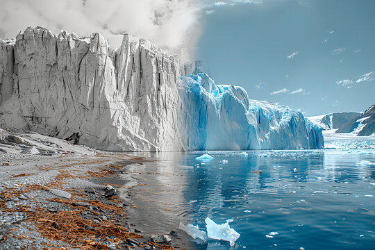 Transforming climate: iceberg and melted glacier over time