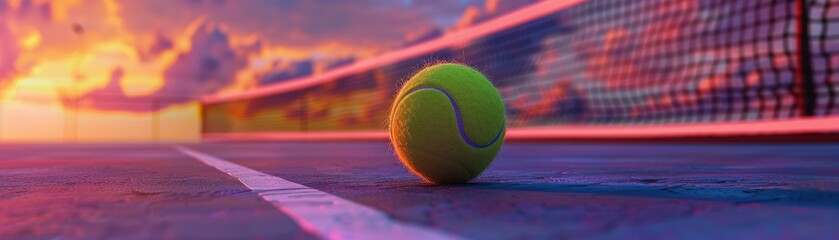 Tennis ball on court close low angle - obrazy, fototapety, plakaty
