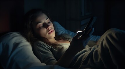 Woman Addicted to Phone: Sleepy Exhausted Female

 - obrazy, fototapety, plakaty
