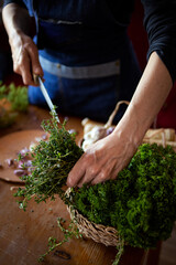 Hands holding fresh herbs, thyme while preparing a meal, close up view