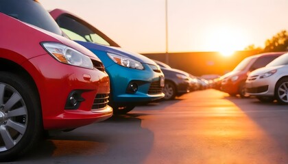  Colorful cars parked in a parking lot at midday , with the golden hour light illuminating the scene. - obrazy, fototapety, plakaty