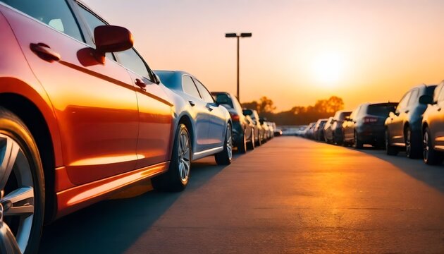  Colorful cars parked in a parking lot at midday , with the golden hour light illuminating the scene.