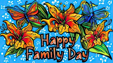 Bright card for Happy Family Day with butterflies and colorful flowers and celebrating togetherness and love
