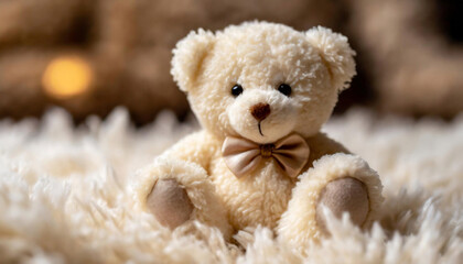 A cute, fluffy white teddy bear with a bow, sitting on a soft surface with a warm, cozy ambiance.