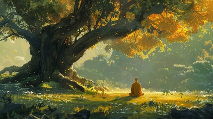 A monk mediating under a giant tree. - obrazy, fototapety, plakaty