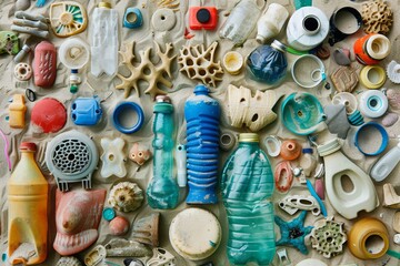 Plastic waste collected during a clean-up on the beach, environmental conservation effort - obrazy, fototapety, plakaty