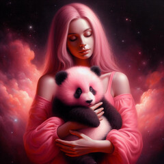 A girl with pink hair and a panda. - 790923001