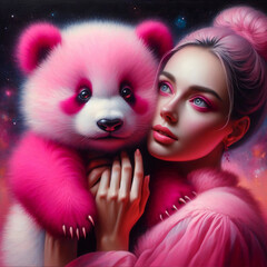 A girl with pink hair and a panda. - 790923002