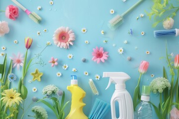 Spring cleaning supplies. housecleaning hygiene essentials for chores and home maintenance - obrazy, fototapety, plakaty