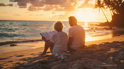 A serene image of an elderly couple reviewing their retirement plan documents by the beach at sunset