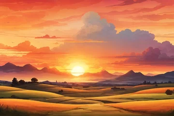 Fotobehang Golden Sunset Landscape Background, Sunset Sky Background, Sunset Scenery Wallpaper, Sunset Background, Nature Wallpaper, Sunrise Landscape, AI Generative © Forhadx5