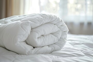 White folded duvet on bed background, winter season textile for home or hotel room decor
