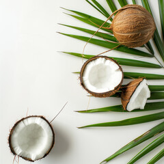 coconut with leaf on white background