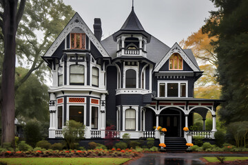 Queen Anne Revival Style House (Color Pop) - Originated in the United States in the late 19th and early 20th century, characterized by a grand, ornate design with asymmetrical features