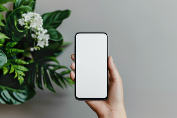 Close up person holding a phone with a mockup in hand on a simple background, a smartphone with a white screen to insert any image