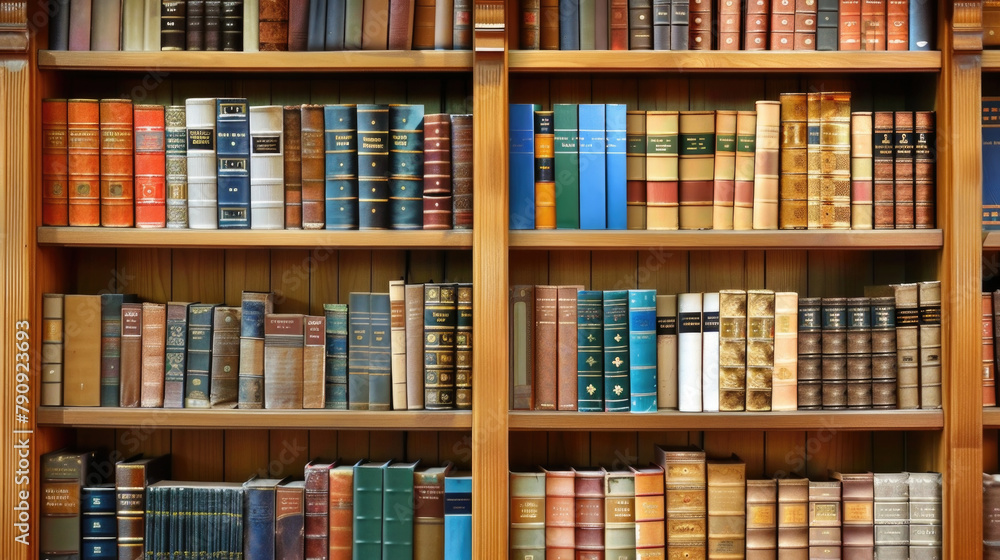 Poster a bookshelf packed with numerous books of various sizes and colors, neatly arranged in rows