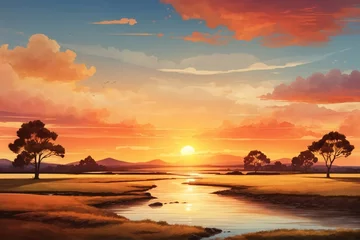 Foto auf Acrylglas Antireflex Golden Sunset Landscape Background, Sunset Sky Background, Sunset Scenery Wallpaper, Sunset Background, Nature Wallpaper, Sunrise Landscape, AI Generative © Forhadx5